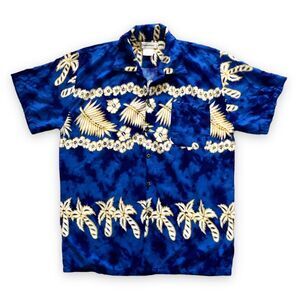 Sunstations Men's Blue Yellow Hawaiian Shirt Short Sleeve Button Up Size Large